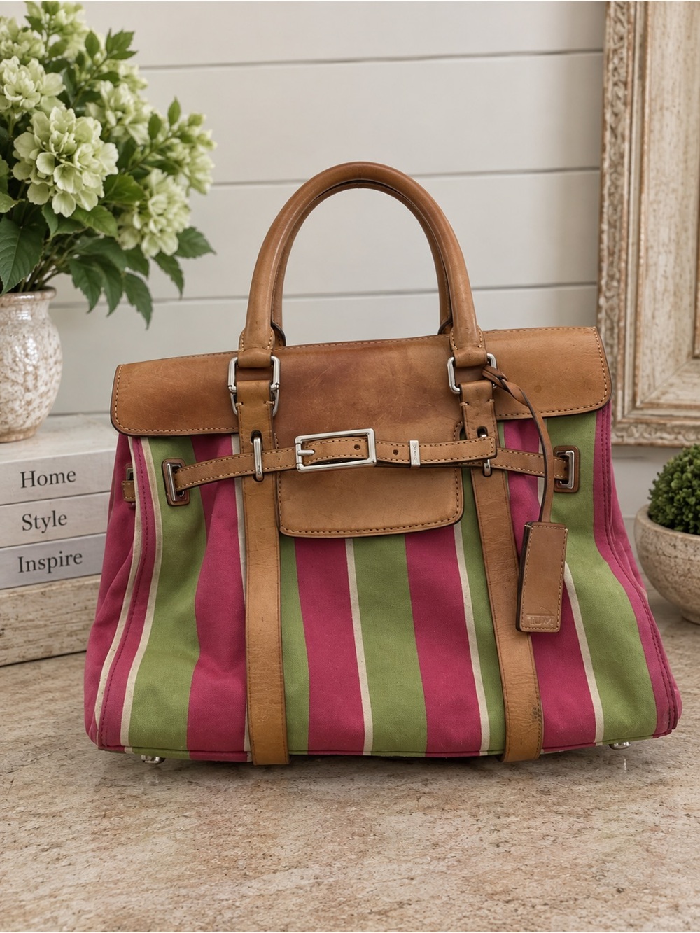 TUMI Vintage Multicolor Striped Leather-Trimmed Handbag